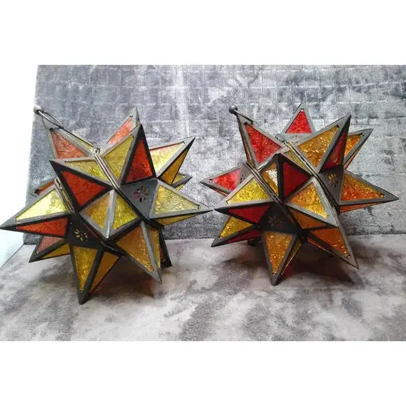 Moroccan Moravian Stained Glass 14" Star Hanging Tealight Candle Holder 2PC Set - Picture 3 of 10